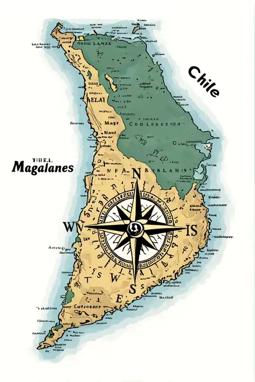 A detailed map of the Magallanes region in Chile, with landmarks and compass rose, intertwined with a pirate compass design tattoo design idea