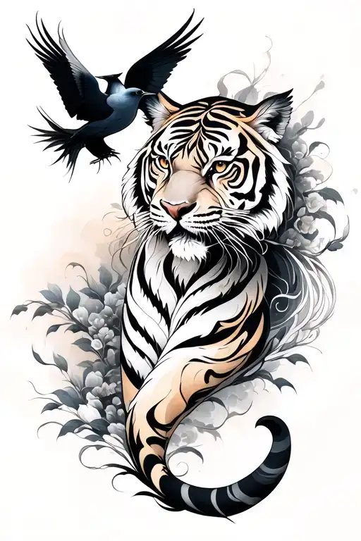 Japanese fusion sleeve in black & grey with subtle color. Sumi-e tiger on shoulder, archangel, sketch birds for flow, tattoo design idea