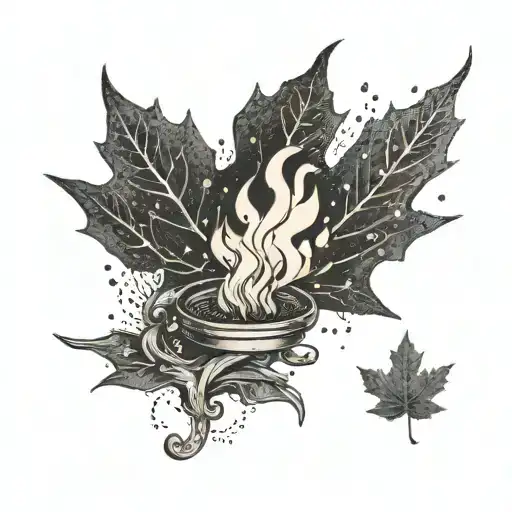 A campfire with musical notes rising from the flames, with a maple leaf hidden among the embers tattoo design idea