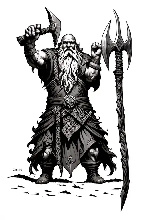 tolkien inspired tribal dwarven tattoo with ruines and patterns. featuring arm bands and dwarvish statues with axes tattoo design idea