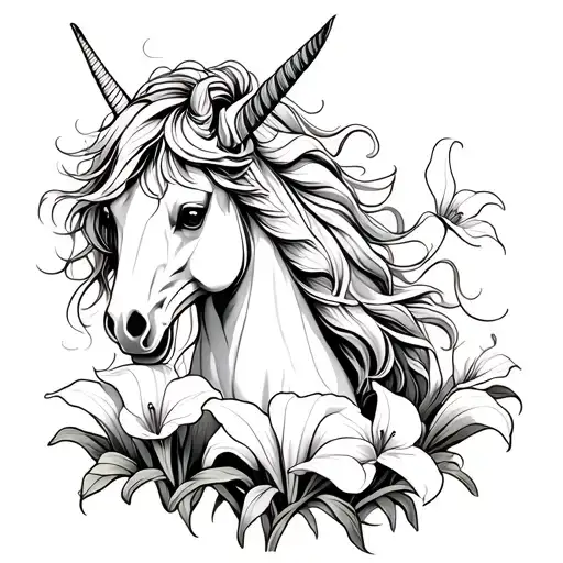 A majestic unicorn surrounded by a field of calla lilies tattoo design idea