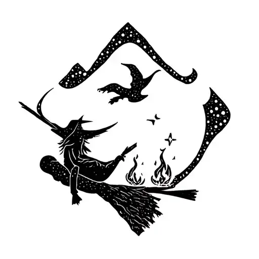 puzzle piece, camping, flying witch on broomstick, moon, campfire tattoo design idea