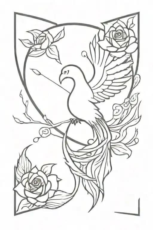 A minimalistic phoenix rising from a single rose or lotus flower, symbolizing rebirth, resilience, and strength. The pho tattoo design idea