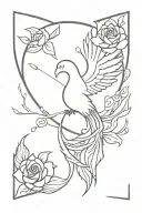 A minimalistic phoenix rising from a single rose or lotus flower, symbolizing rebirth, resilience, and strength. The pho tattoo design idea