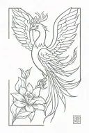 A minimalistic phoenix rising from a single rose or lotus flower, symbolizing rebirth, resilience, and strength. The pho tattoo design idea