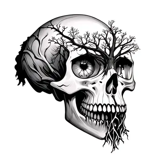 front skull with oak tree growing through eye socket, trunk extends past jawline with roots that form a realistic heart tattoo design idea