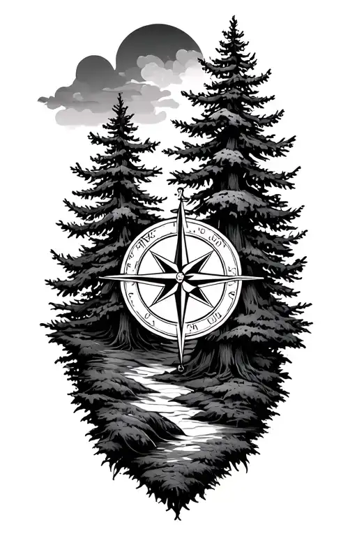 pine trees, nature scene, compass rose tattoo design idea