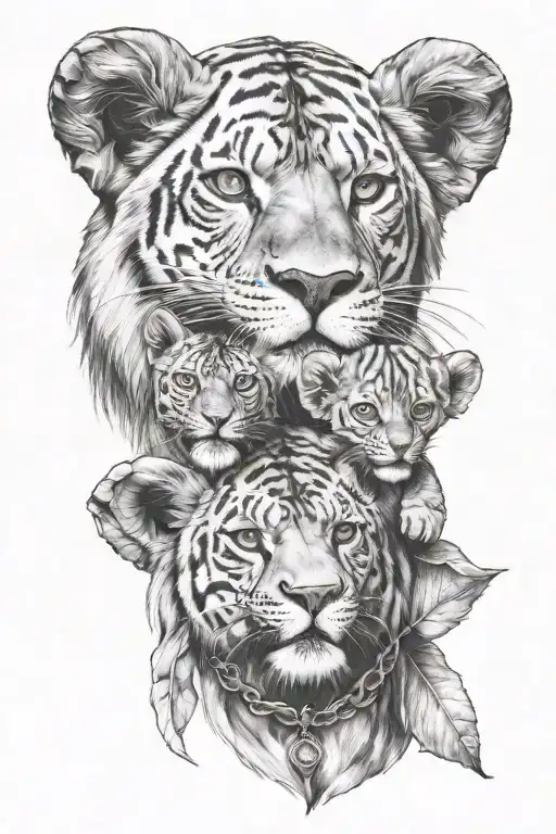 1 male leon and 1 female leon and 3 little leon con corona tattoo design idea