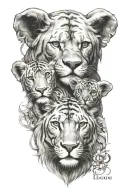 1 male leon and 1 female leon and 3 little leon con corona tattoo design idea