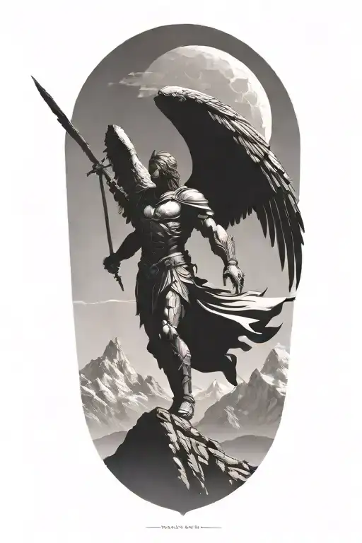 A silhouette of Archangel Michael with a mountain range in the background, symbolizing strength and faith tattoo design idea