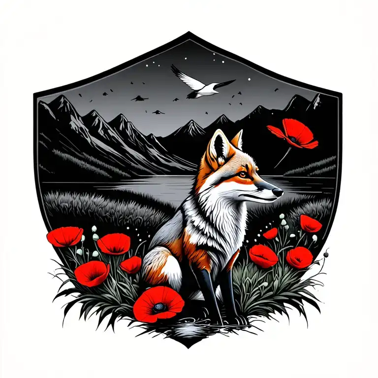 Sitting fox, heron flies away, lake/night mountains, 3 red poppies, realistic open drawing tattoo design idea