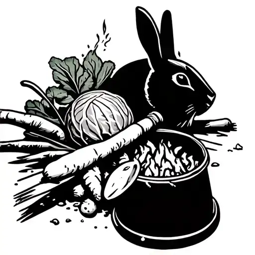 cabbage, carrots, spinach, bonfire, rabbit, shovel, bucket, rake tattoo design idea