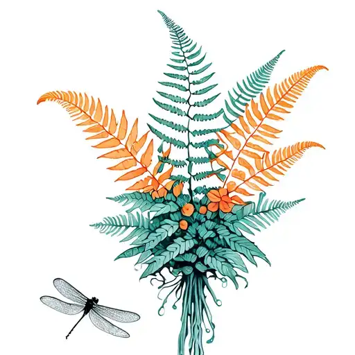 color fern boquet with dragonfly  tattoo design idea