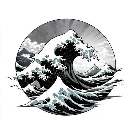 Japanese tsunami waves crashing and turning into wav forms  tattoo design idea