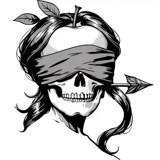 head of a woman with blindfold with an apple on her head and an arrow going through her skull tattoo design idea