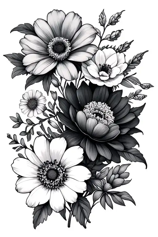 birth flowers of these months, January, February, March, April, July, October, and November as a bouquet tattoo design idea