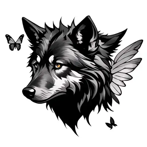 Minimalist wolf head outline with small butterfly or wing accent tattoo design idea