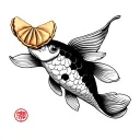 koi fish with fortune cookie in his mouth, black outline tattoo design idea