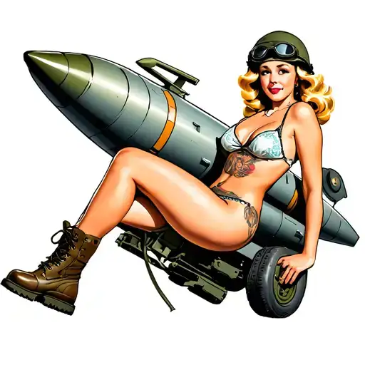 1940's pinup sitting on WWII missile, bikini, combat boots, army helmet with goggles, blonde windblown tattoo design idea