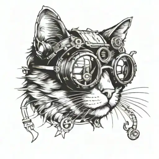 STEAMPUNK CAT WITH GOGGLES TATTOO BLACK WORK LINE WORK SIMPLE LINES WITH SMALL AMOUNT OF SHADING tattoo design idea