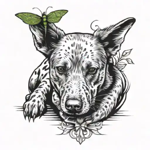 red heeler dog sitting under the shade of a large cross with a beautiful green dragonfly  tattoo design idea