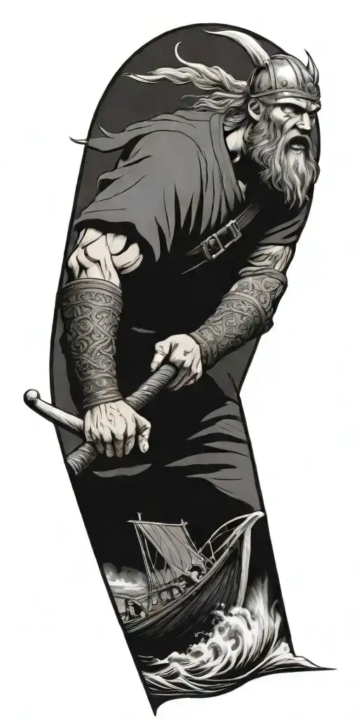 A Norse Viking warrior sailing on a clipper ship in a stormy sea, wielding a mighty axe tattoo design idea