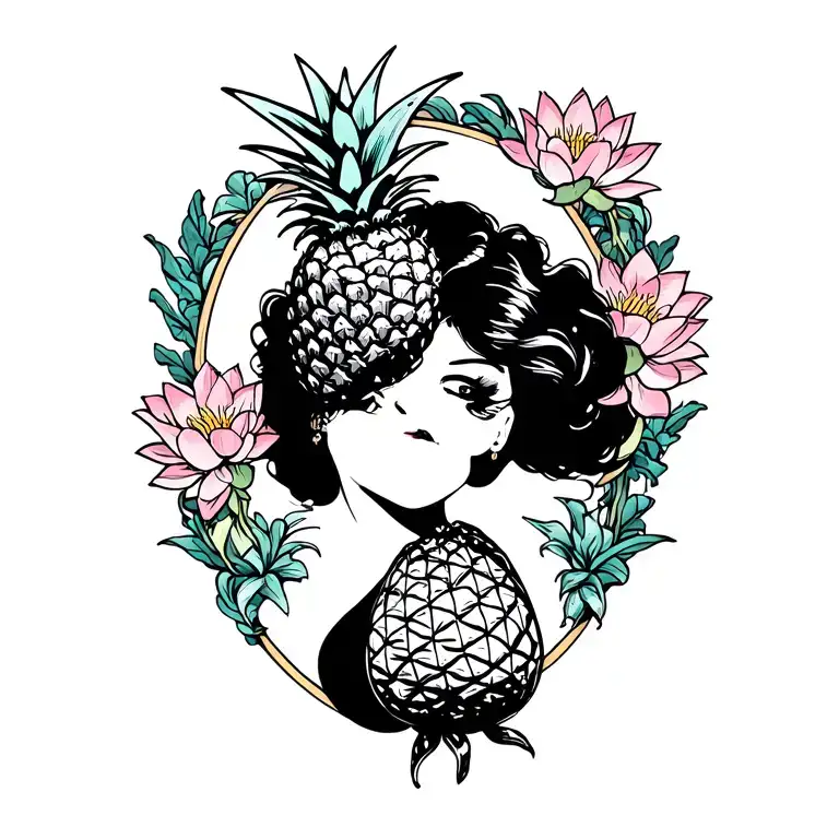 pin up girl with pineapple surrounded by lotus tattoo design idea