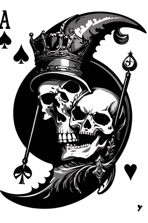 ace of spades, crescent moon, skull, compass, clock, heart, blade, rifle, king, queen tattoo design idea
