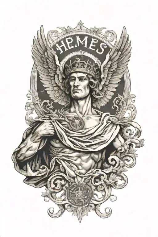 Hermes messenger god, winged crown, greek art, Greek symbolism, greek consolations star background tattoo design idea