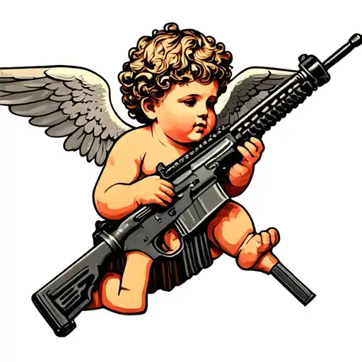 cherub holding AR-15 in neo traditional style tattoo design idea