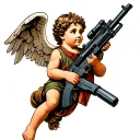 cherub holding AR-15 in neo traditional style tattoo design idea