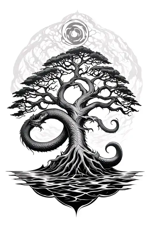 yggdrasil tree of life, midgard serpent at sea tattoo design idea