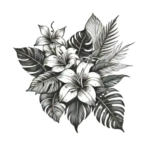 tropical flowers and leaves tattoo design idea