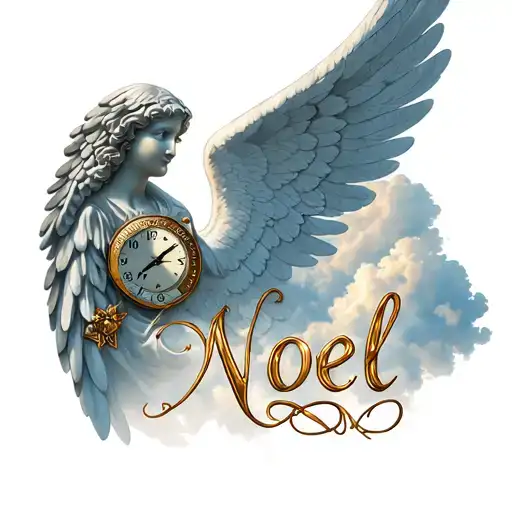 angel wing fades into clouds with the name noel and a loin with a time clock tattoo design idea