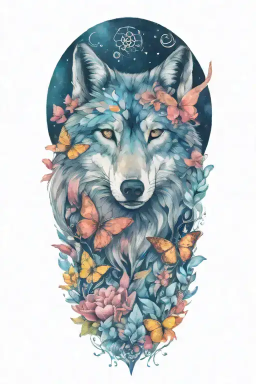 mama wolf head with flowers and butterflies  tattoo design idea