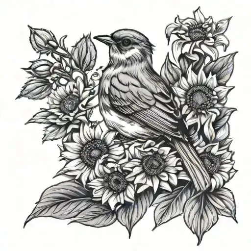 Robin Bird with sunflowers and 2 narcissus flowers tattoo design idea