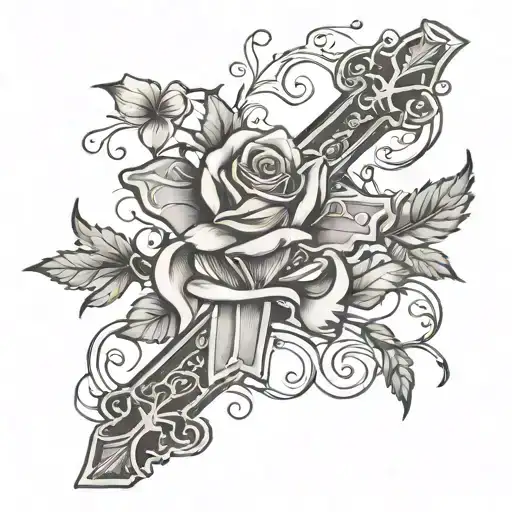 rose stem intertwining vines behind a cross tattoo design idea