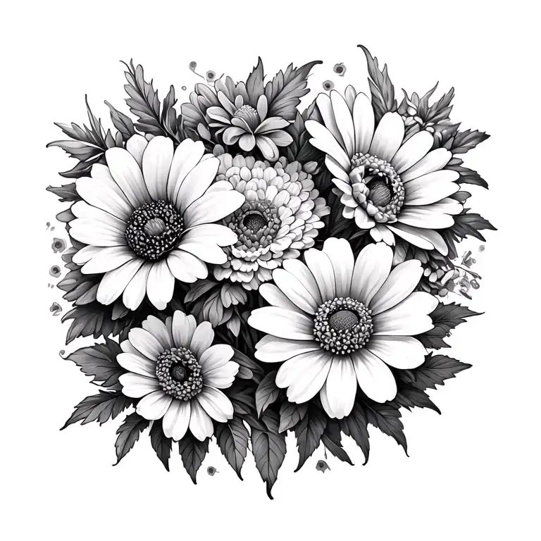 carnations and daisys and chrysanthemums and daffodils tattoo design idea