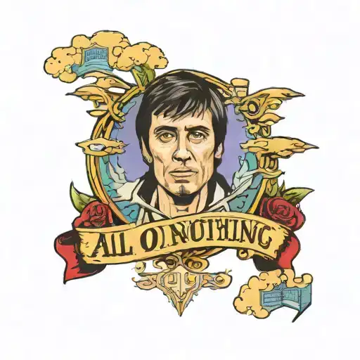 Coloured Tattoo with tony montana face and landscape in front of a bet roullette casino with the quote all or nothing tattoo design idea