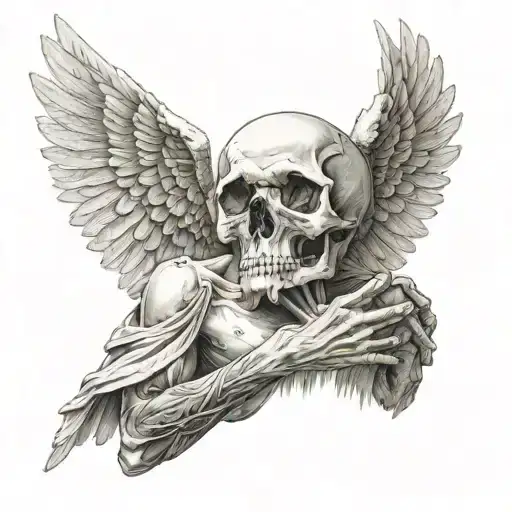 an angel with wide wings holds a skull in his hand, tilts his head slightly, looks at the skull tattoo design idea