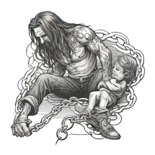 a long haired man breaking a baby's chains shackled in his feet tattoo design idea