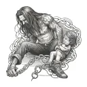 a long haired man breaking a baby's chains shackled in his feet tattoo design idea