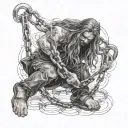 a long haired man breaking a baby's chains shackled in his feet tattoo design idea