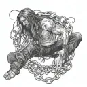a long haired man breaking a baby's chains shackled in his feet tattoo design idea