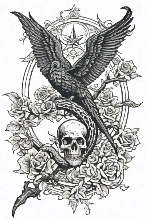 tree snake one pyramid black eagle waterfalls eyeball wheelchair sun, moon ,whale,dragonemersing,grimreaper skull roses  tattoo design idea