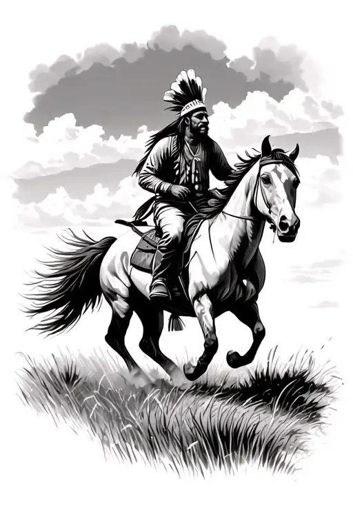 native American man riding horse galloping through a field tattoo design idea
