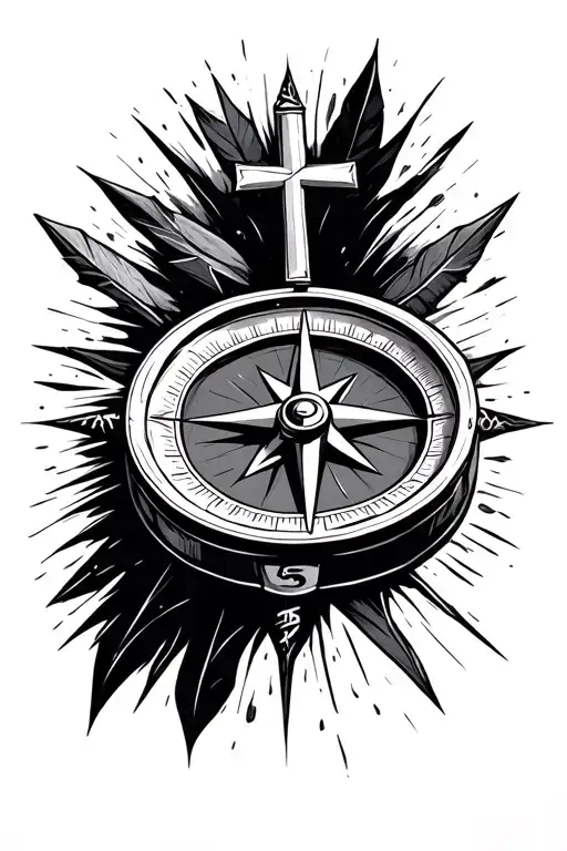 Compass with cross as the arrows pointing towards tattoo design idea