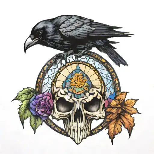 raven on skull with stained glass background black tattoo design idea