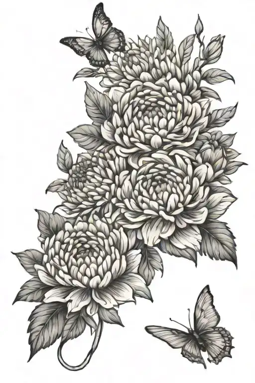 chrysanthemums and peonies with wildlife nature, motherhood tattoo design idea