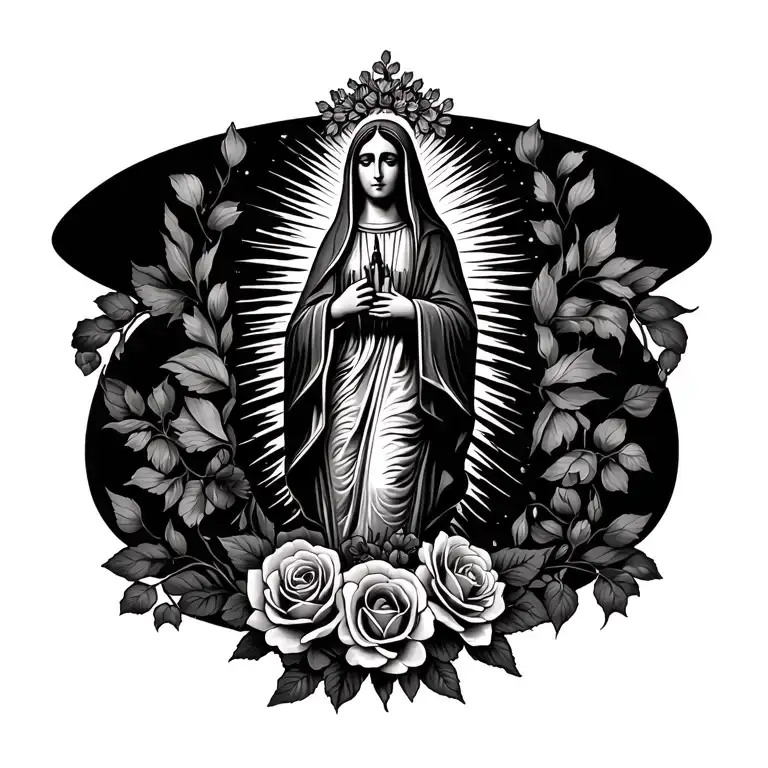 la virgen de Guadalupe with rosery and roses tattoo design idea